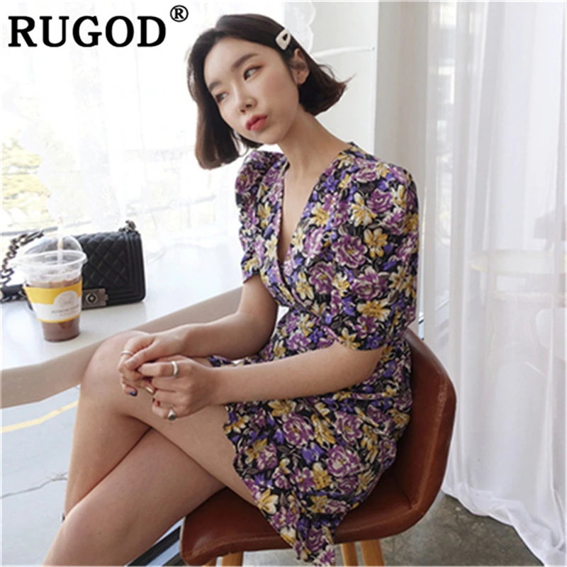 Женское платье RUGOD мини с цветочным принтом кружевное коротким рукавом и