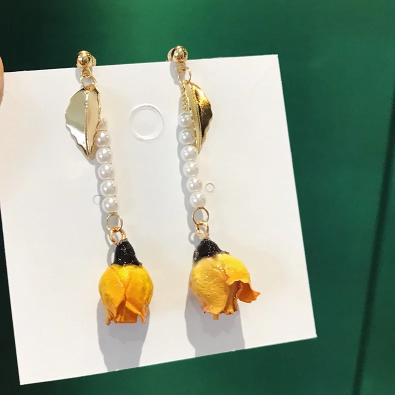 Серьги капли с натуральным сушеным цветком желтой розой для женщин orecchini donna