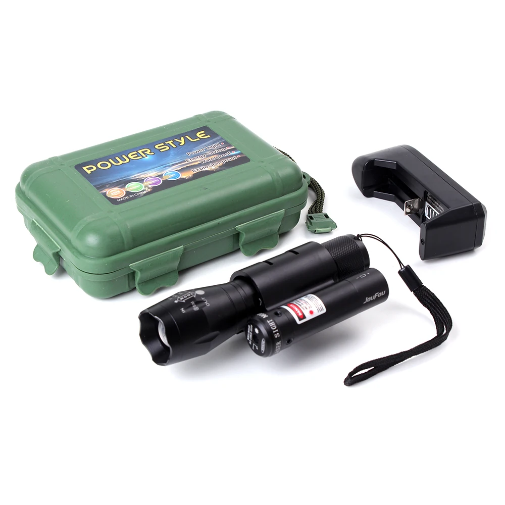 JouFou Hunting Lights LED Flashlight Warm White Light 500 lumens High Power Zoomable Torch Red Laser 20mm Picatinny Mount | Спорт и