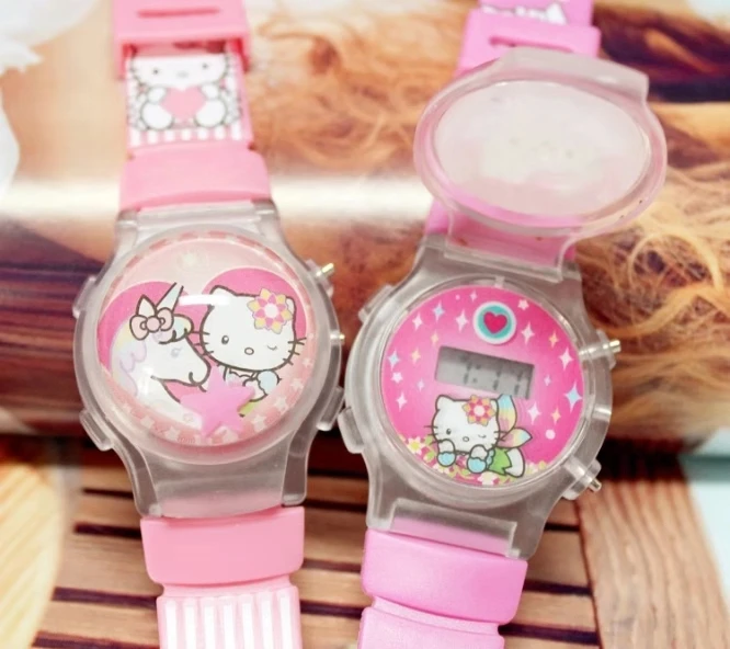 Горячие пирожные KT hello Kitty светящиеся Мультяшные силиконовые светодиодный светильник-вспышка часы для девочек и детей электронные детские часы с откидной крышкой