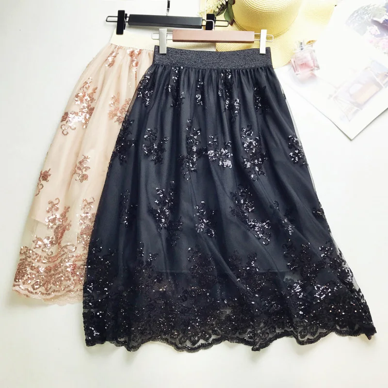 Женская юбка с вышивкой трапециевидная до середины икры из вуали блестками в