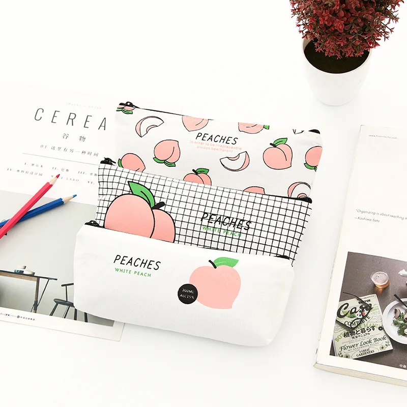 

12pc/lot Cute peach canvas storage bag / fashion women student creative stationery bag/pencil pen cosmetic bag