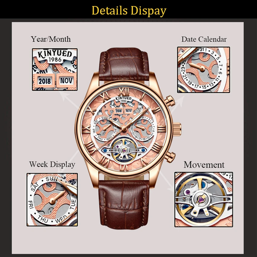 Автоматические Мужские часы KINYUED Tourbillon скелетоны цвета розового золота с датой
