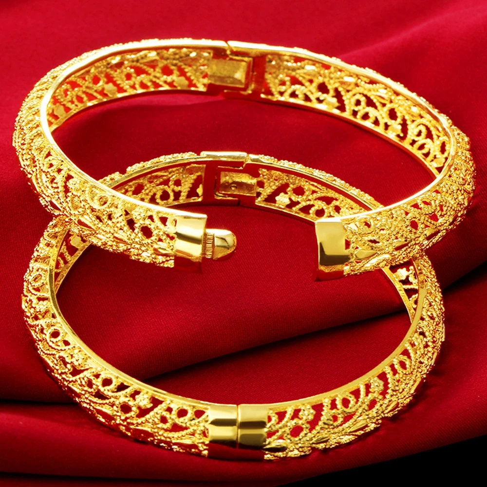 

1 Pieces Hollow Filigree Womens Bangle Solid Yellow Gold Filled Wedding Female Bracelet Openable Gift