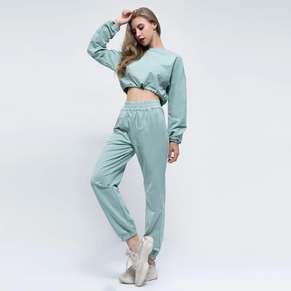 

Женский осенний спортивный костюм, хлопковая укороченная толстовка с капюшоном и длинным рукавом, повседневный комплект из двух предметов,...