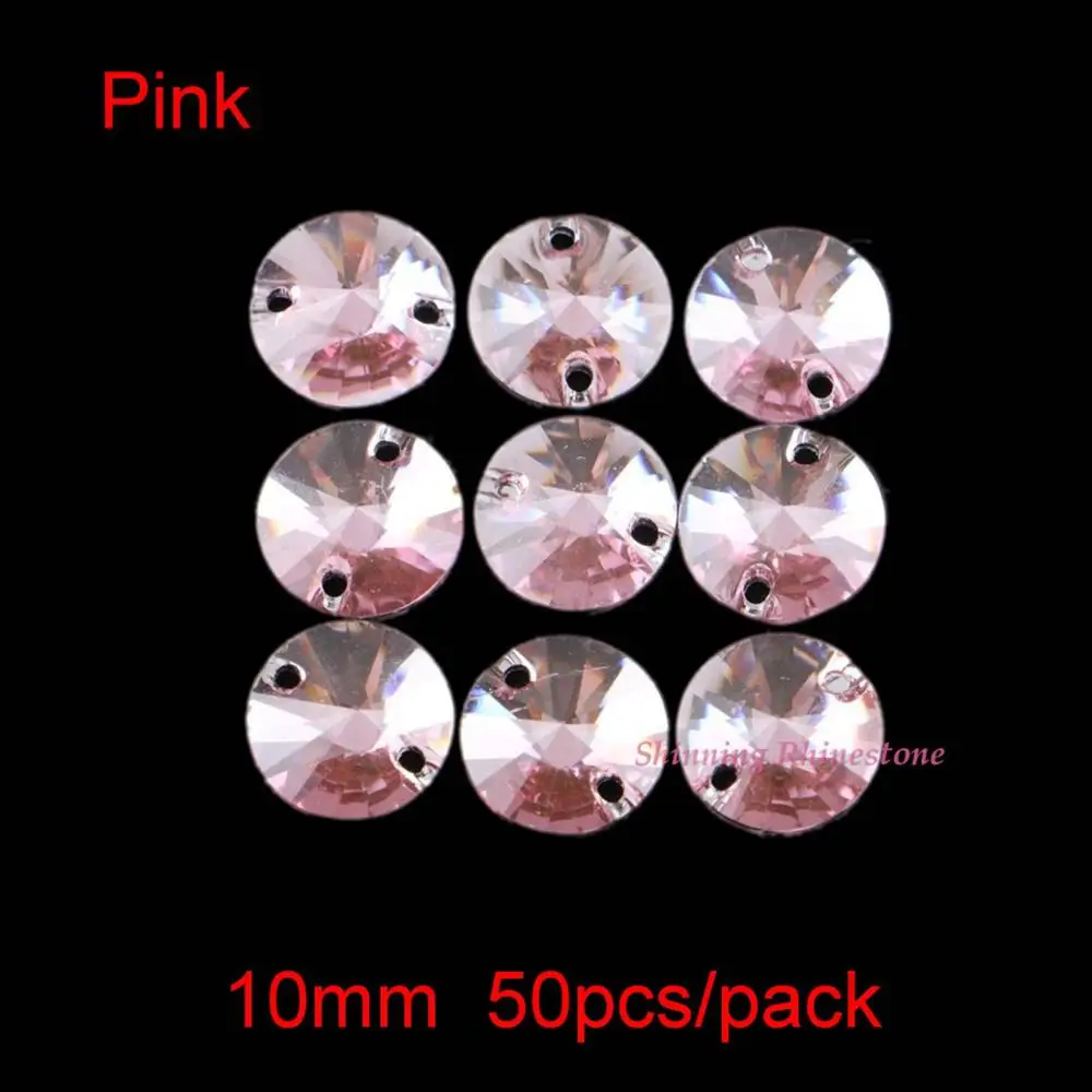 Pink 10 мм, 50 шт., круглые стразы для шитья из смолы, кристаллы с плоским основанием, два отверстия, камни для шитья одежды, 10 цветов на выбор - Цвет: Pink