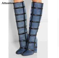 attantou fashion blue plaid denim boots women sexy high heel shoes woman knee high boots 2017 long botas gladiator model booty