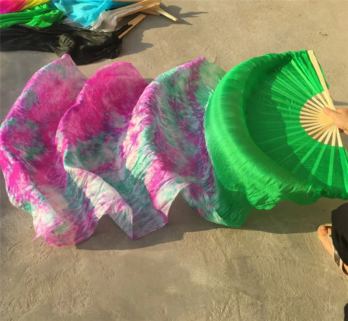 1 Pair(L+R) Belly Dance Silk Fan Veil Worship Art Bamboo Long Fans Tie Dyed Flower 47&quot/59&quot/71&quot/83&quot Free Shipping |