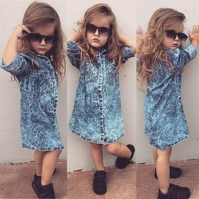 2018 Brand New 1-6Y Toddler Kids Baby Girl Autumn Denim Dress Long Sleeve Turn-Down Collar Single Breasted Blue Straight | Детская