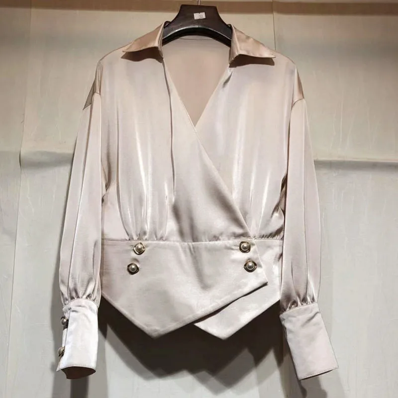 Женская блузка из поплина Асимметричная рубашка с v-образным вырезом и