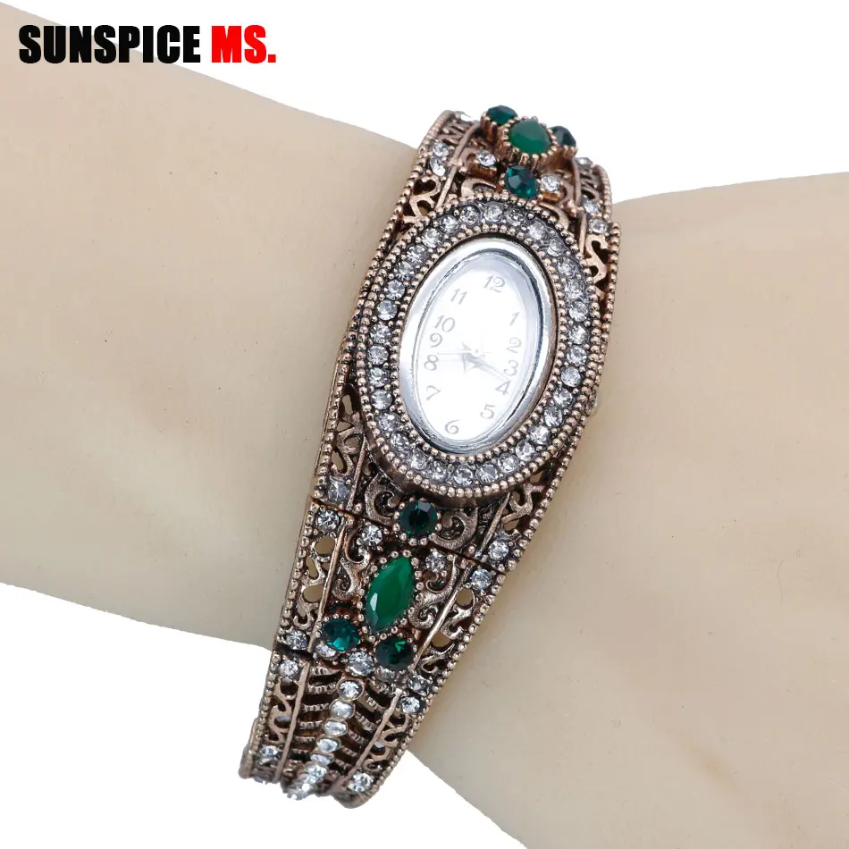 SUNSPICE-MS, винтажные часы с браслетом-манжетой и кристаллами, женские часы, античное золото, кварцевые часы, цифровые, Relogio Feminino, свадебный подарок