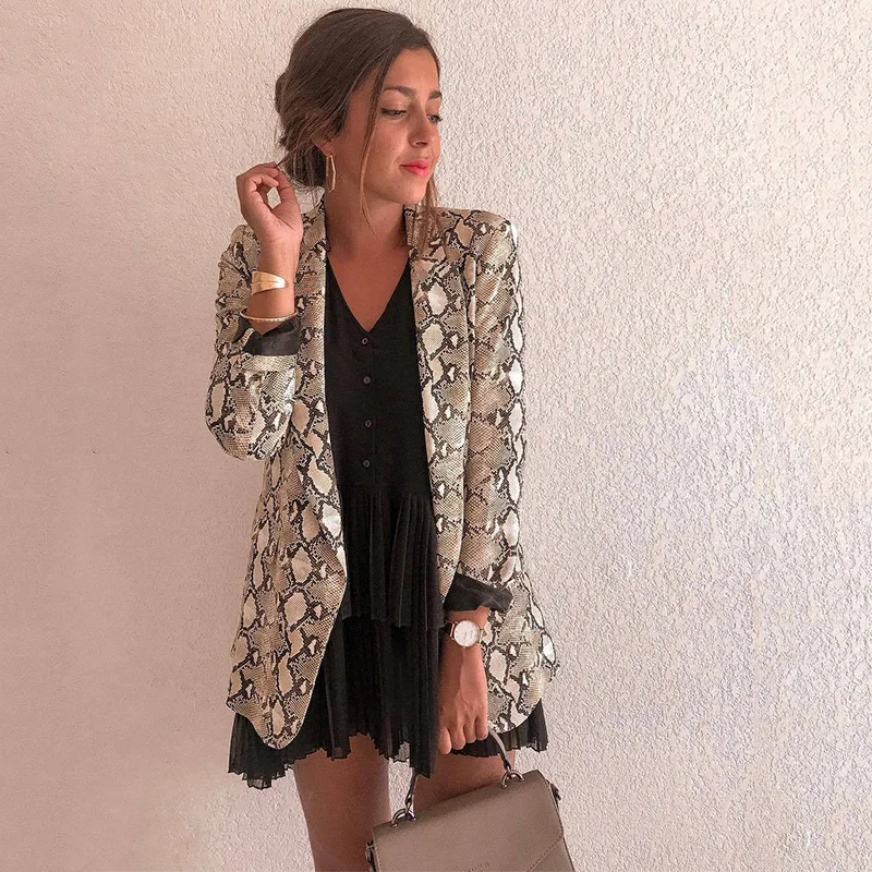 Women Blazer Snake Print Long Sleeve Suit Coat BikerJacket Outwear Tops Women's Snake Print Blazer women's suit top women