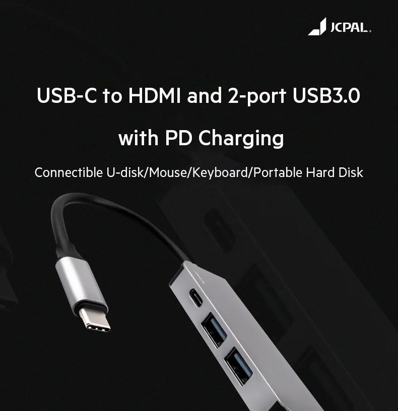 JCPAL USB-C концентратор type-C PD мощность 60 Вт HDMI 4 к видео 2x USB3.0 USB-C док-станция адаптер