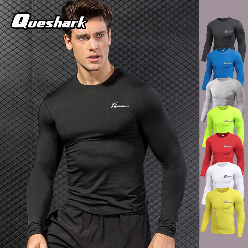 Queshark, профессиональная Мужская футболка для бега, быстросохнущая, длинный рукав, эластичная, компрессионная футболка, для бега, фитнеса, тренировки, Топ