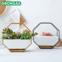 new metal iron rack white ceramic planter pot simple octagonal geometric wall hanging ceramic flower pot bamboo tray iron frame