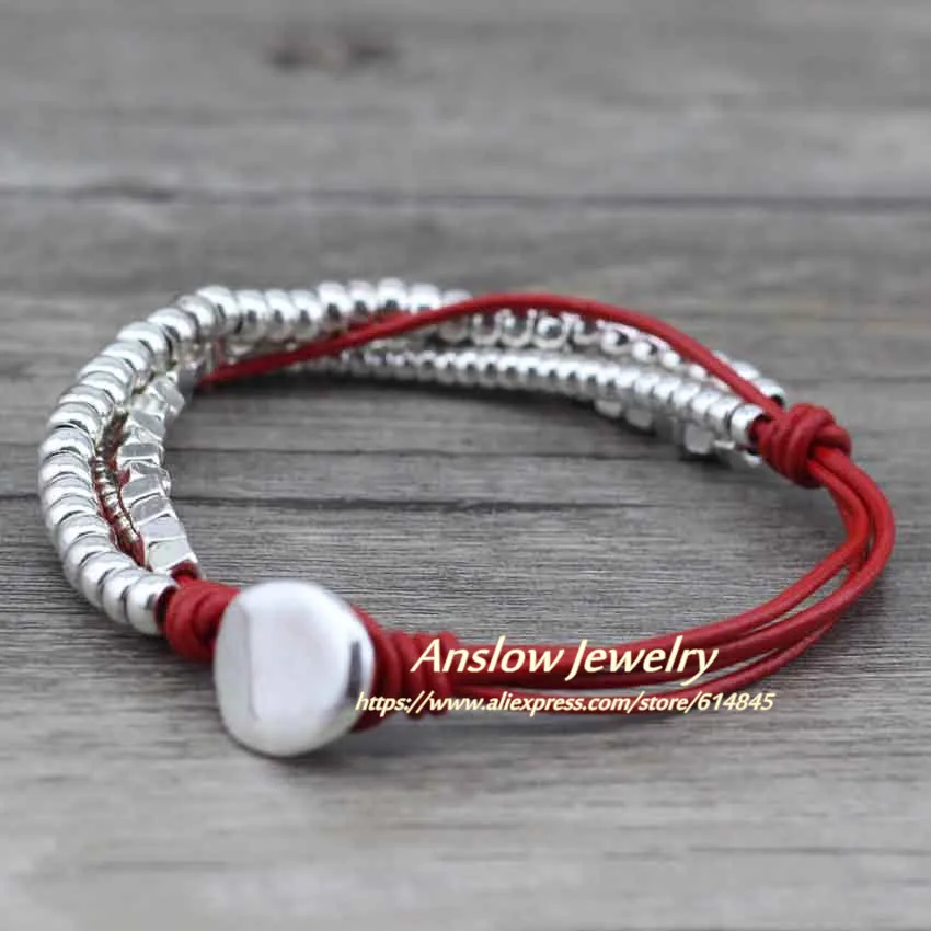 Anslow, модный, серебряный, цинковый сплав, кожа, на запястье, дружба, большой широкий браслет для мужчин, пряжка, Ретро стиль, панк, ювелирное изделие, LOW0396LB - Окраска металла: red