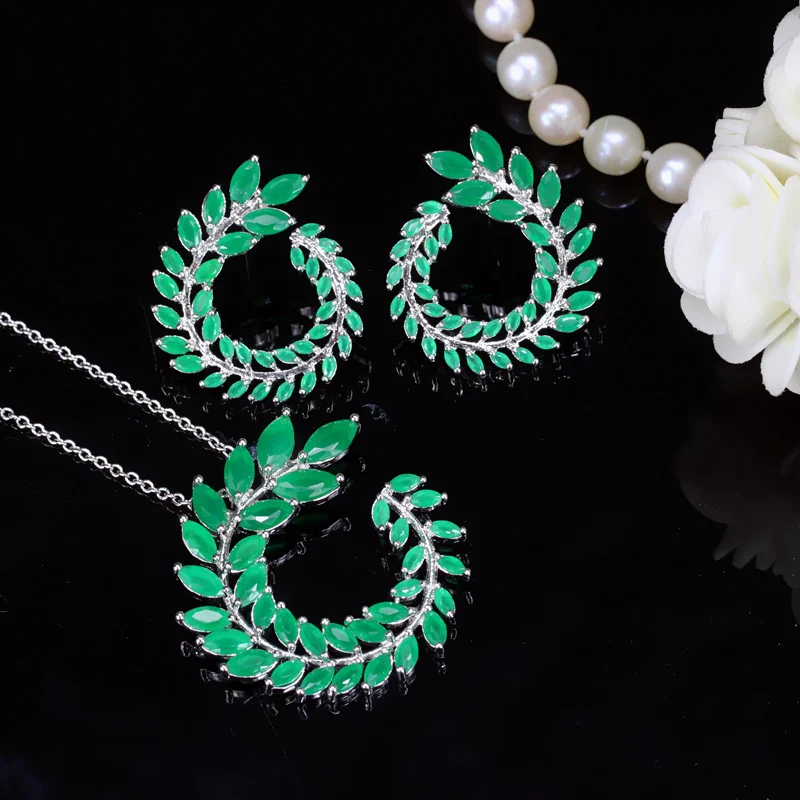 Женские серьги и кулон с зеленым кристаллом серебристого цвета|brand jewelry sets|fashion