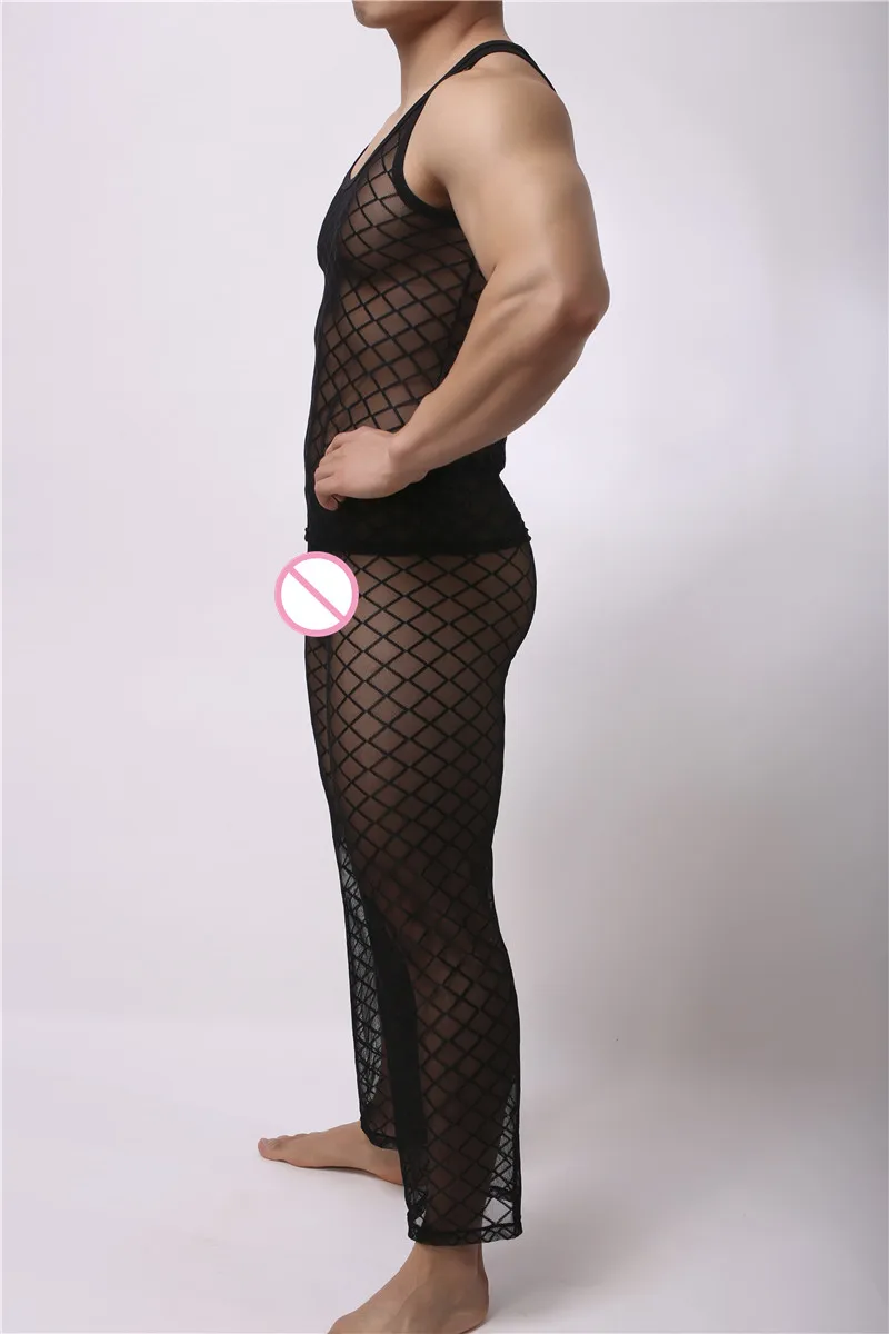 Men Fishnet Long Johns Scale High Elastic Body Shaper Tight Top Pants Fitness Bodybuilding Base layers Clothing set Long Johns