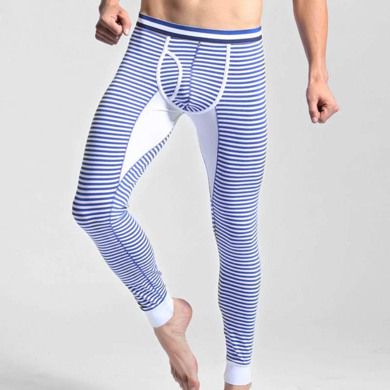 Зимнее осеннее мужское хлопковое термобелье полосатые кальсоны теплые