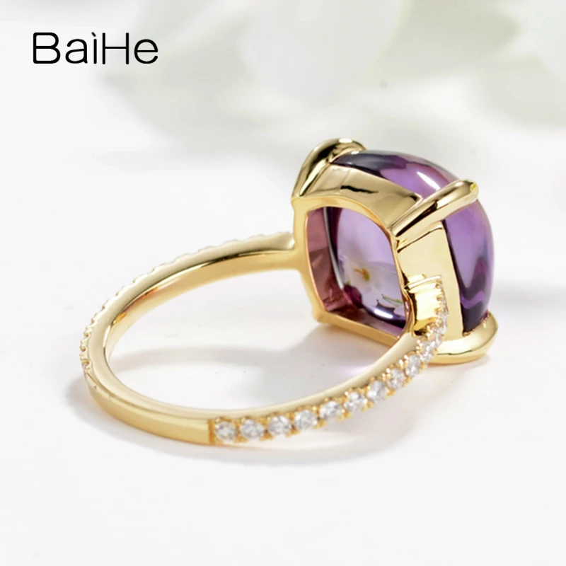 BAIHE, 14 карат, желтое золото, 5CT, сертифицированная Подушка, настоящий аметист, свадебные, круглые, 0.22ct, бриллианты, для женщин, Трендовое, хорошее ювелирное изделие, кольцо