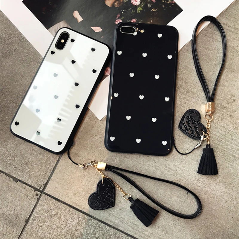 BONVAN чехлы на айфон X XR XS Max 7 case закаленное стекло Жесткий Сердце Любовь кисточкой