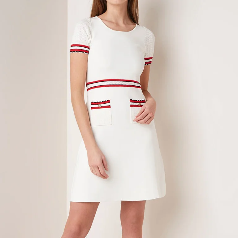 Вязаное летнее платье женское 2019 с круглым вырезом коротким рукавом А силуэта до