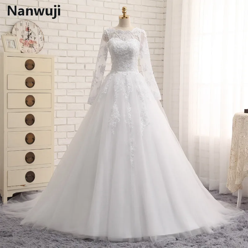 Женское свадебное платье с длинным рукавом белое цвета слоновой кости Модель 2016