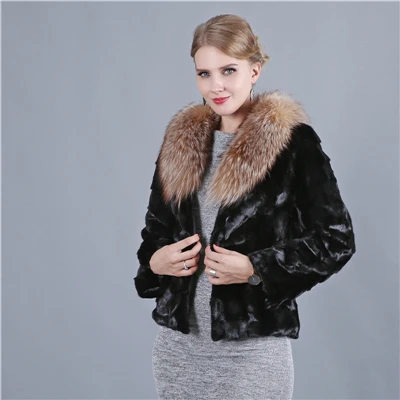 New Genuine Mink Fur Coat Real Red Fox Fur Collar Women Fashion Winter Warm Natural Mink Fur Coat Female Luxury Outwear Jacket - Цвет: Черный