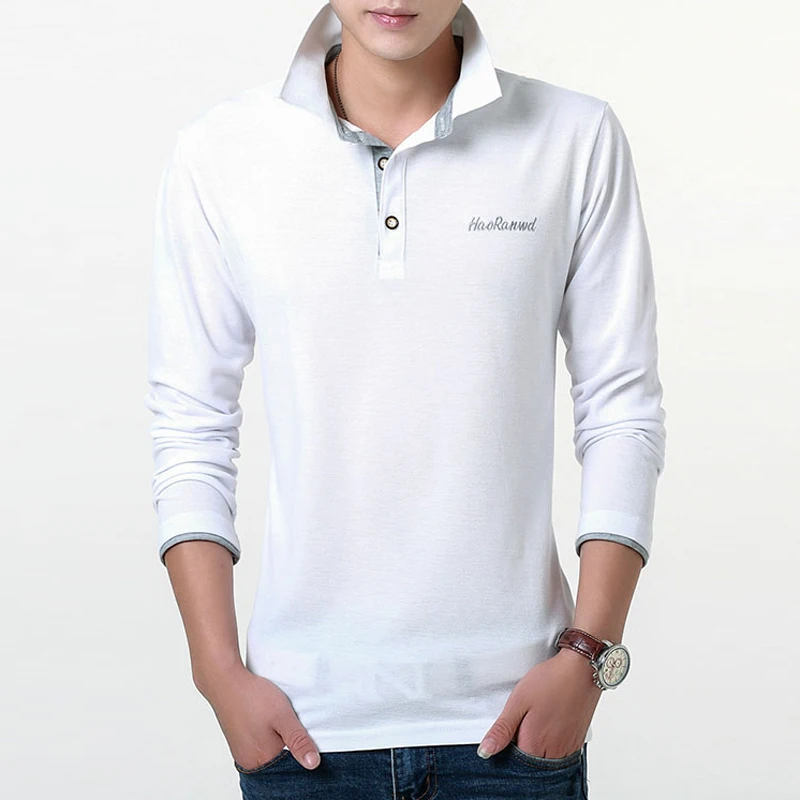 Мужская хлопковая рубашка-поло с длинным рукавом и вышивкой | одежда