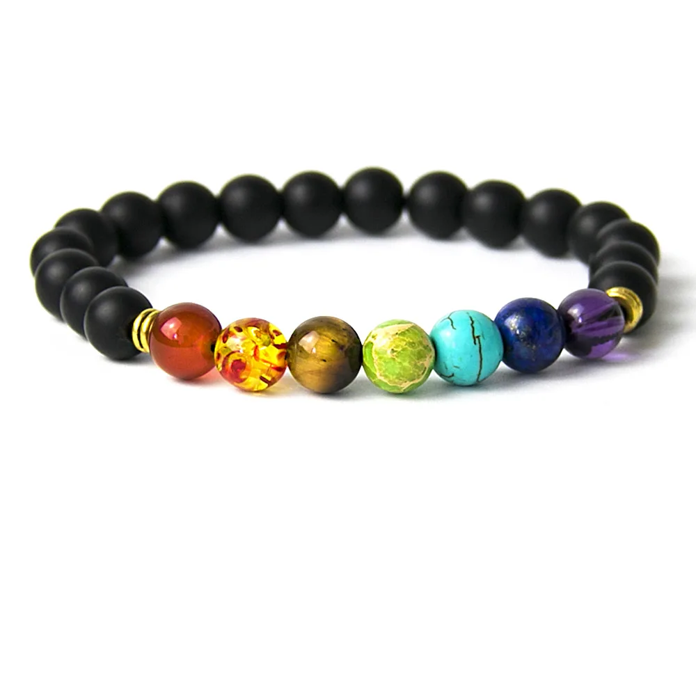 Matte Black Agate Разноцветные мужские браслеты из черной лавы, 7 чакр, исцеляющий баланс, браслет с бусинами для женщин, браслет рейки, молитва, Йога, браслет с камнями - Окраска металла: Matte Black Agate