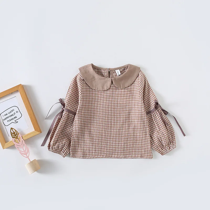 Новые весенние Рубашки для маленьких детей клетчатые блузки с рукавами и лентой