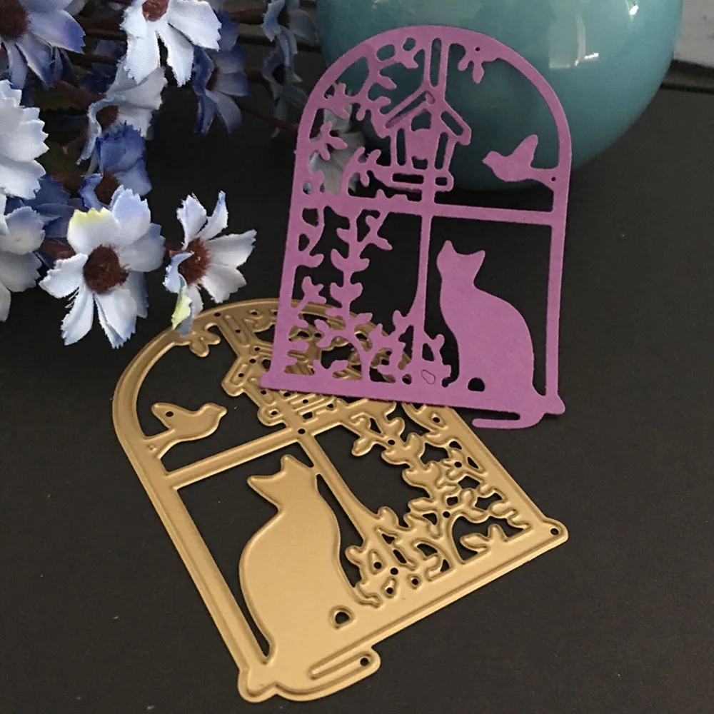 Новый Пейзаж кошка сидя окно птица трава металлическая резка трафареты DIY