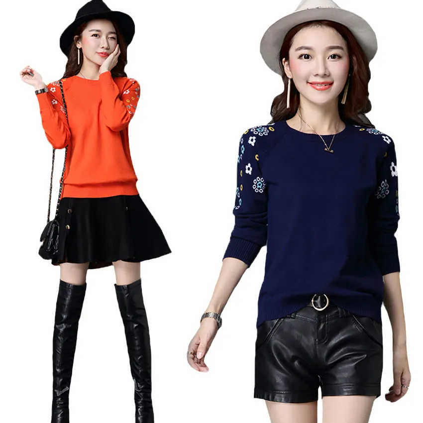 Женский трикотажный свитер с круглым вырезом длинным рукавом | Женская одежда