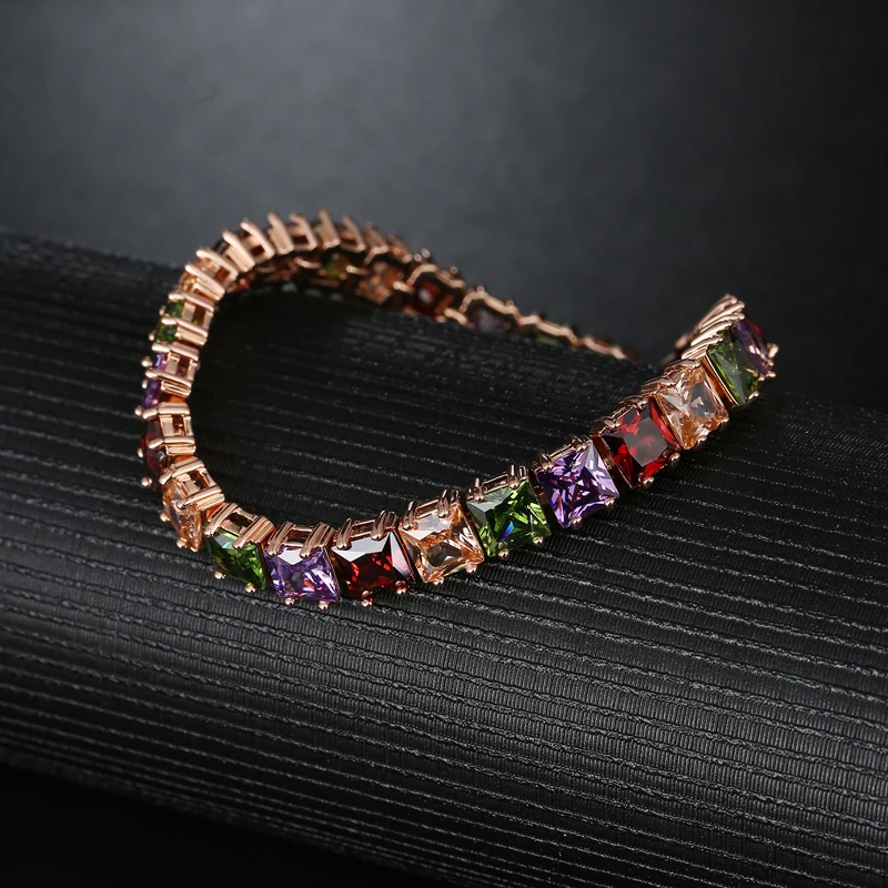 MOONROCY Free Shipping Rose Gold Color Square Colourful Crystal Cubic Zirconia Bracelet Jewelry Bangle for Girl Women Gift | Украшения и