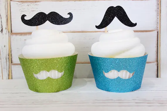 

Glitter Little Man Mustache Cupcake Wrappers and Toppers set holders boy birthday wedding baby shower Supplies
