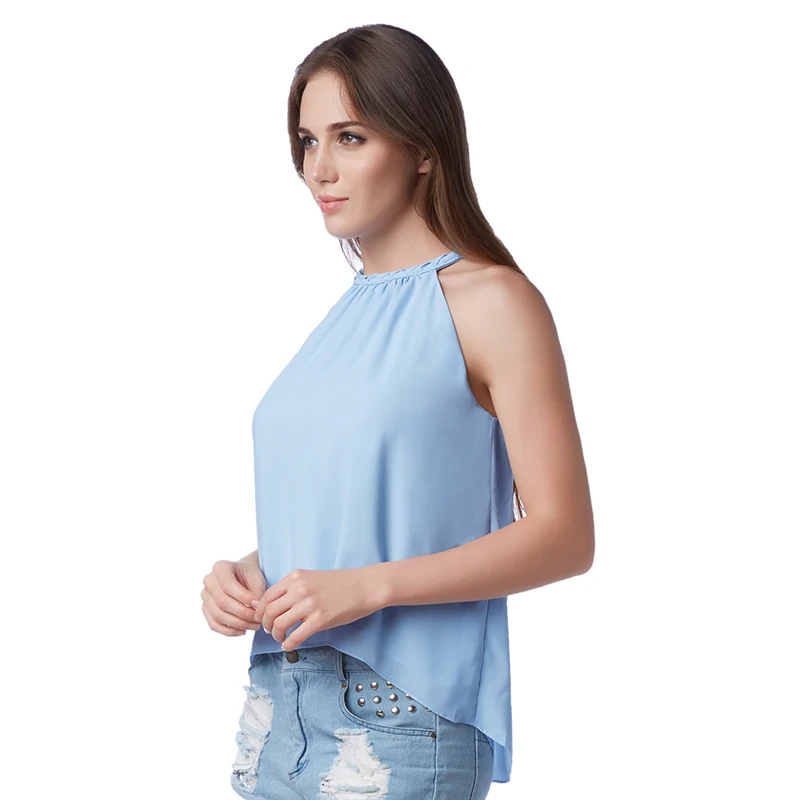 2016 Новый Летний женская Мода Блузки Твердые Голубой Рукавов Холтер Шифон