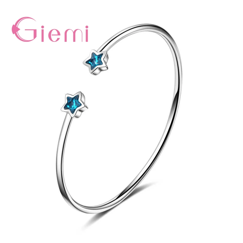 Романтические свадебные браслеты для женщин с блестящими голубыми кристаллами звезд, заполненные настоящим серебром 925 с открывающимися браслетами.
