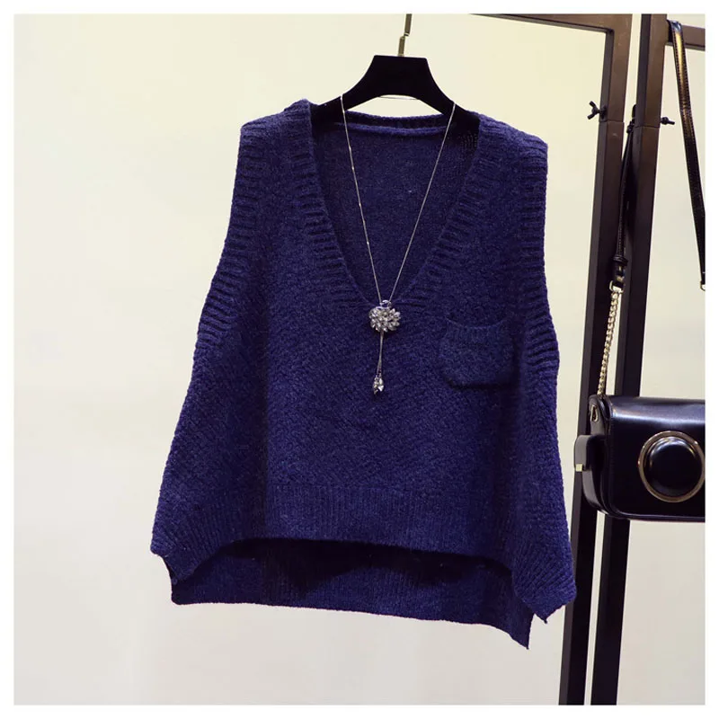navy blue Свободные вязанные жилеты большого размера для дам зимний теплый шерстяной свитер пальто Женский пуловер без рукавов для женщин YP0174 - Цвет: navy blue