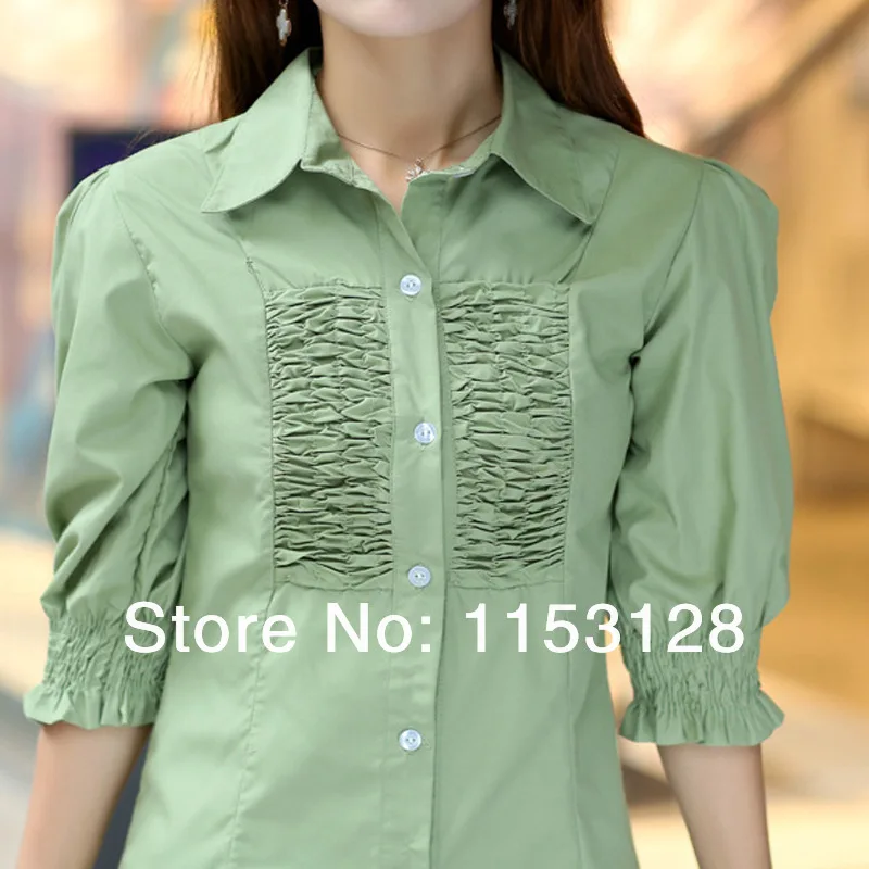 Women's Korean Style Spring Summer Fall Fashion Sweet Slim Shirts / Ladies Simple Casual Pure Cotton Green Cardigan Blouse /A088 |