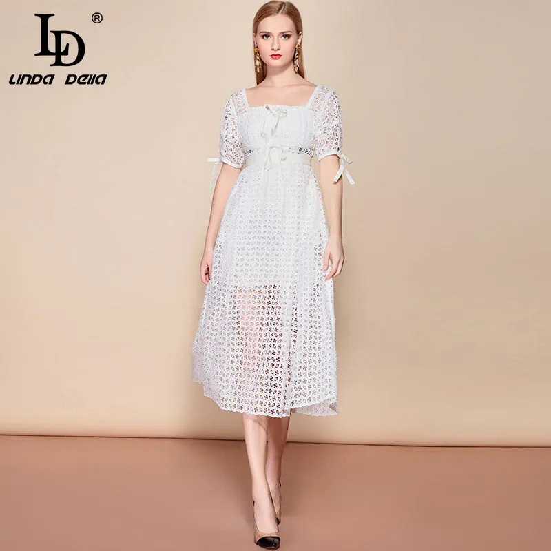 Белый LD LINDA делла, модное летнее праздничное платье, женское платье с рукавами-фонариками, однотонное кружевное платье средней длины, белое элегантное платье - Цвет: Белый