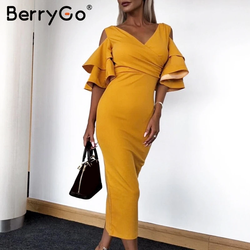BerryGo Элегантное летнее платье с открытыми плечами женское сексуальное v образным