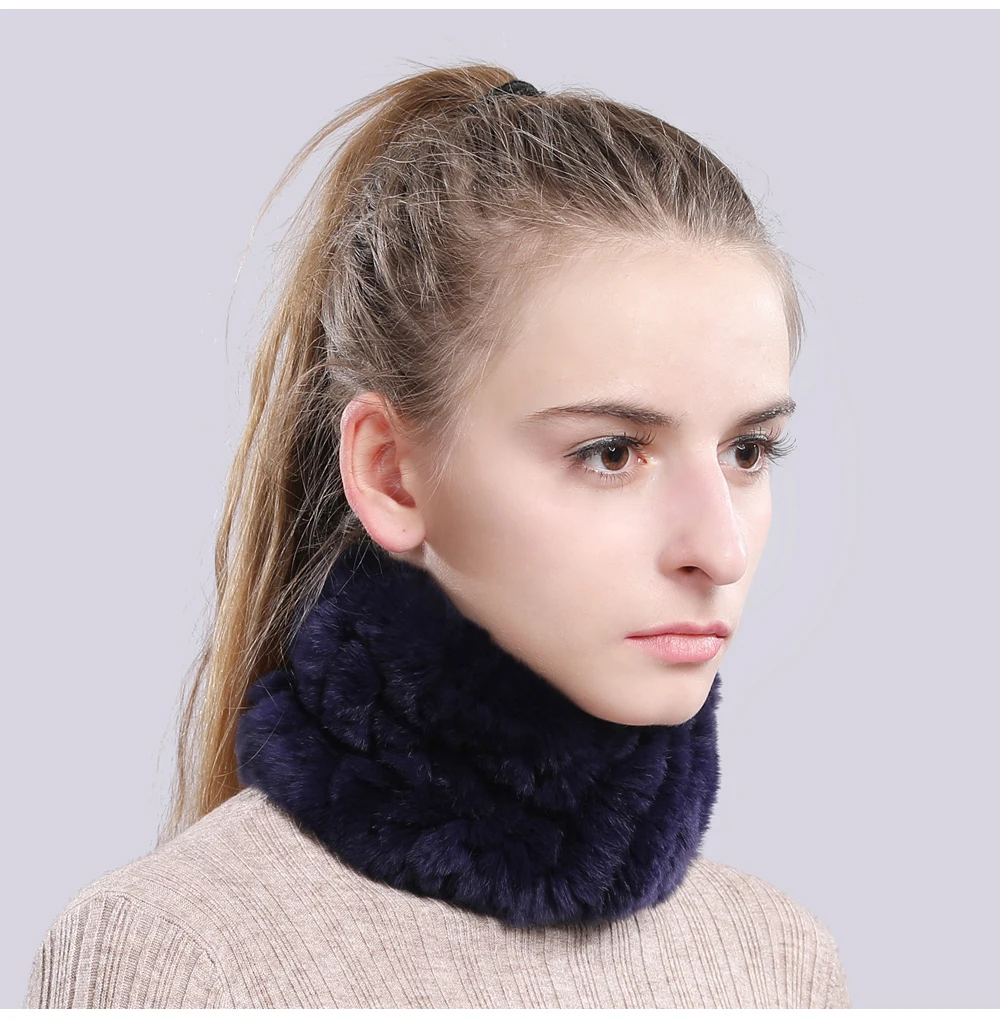 Women Real Fur Handmade Stretch Fur Scarf Knit Genuine Rex Rabbit Fur Headbands Girls Natural Fur Ring Cowl Snood Scarves Winter
