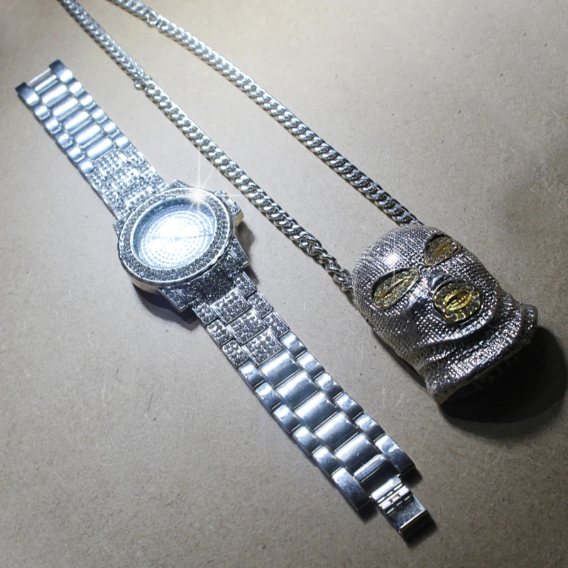 Karopel мужские хип-хоп Iced Out имитация CZ наручные часы с цирконием Amp GoonSki ожерелье с подвеской-маской Набор