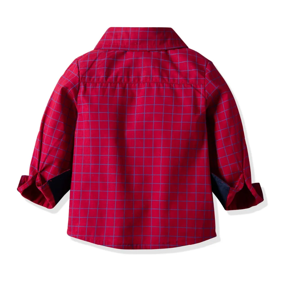 2019 New Baby Boy Clothing Set Gentleman Suits Long Sleeve Red Plaid Shirt with Bow Tie+Suspenders Pants Kids Casual Outfit | Детская