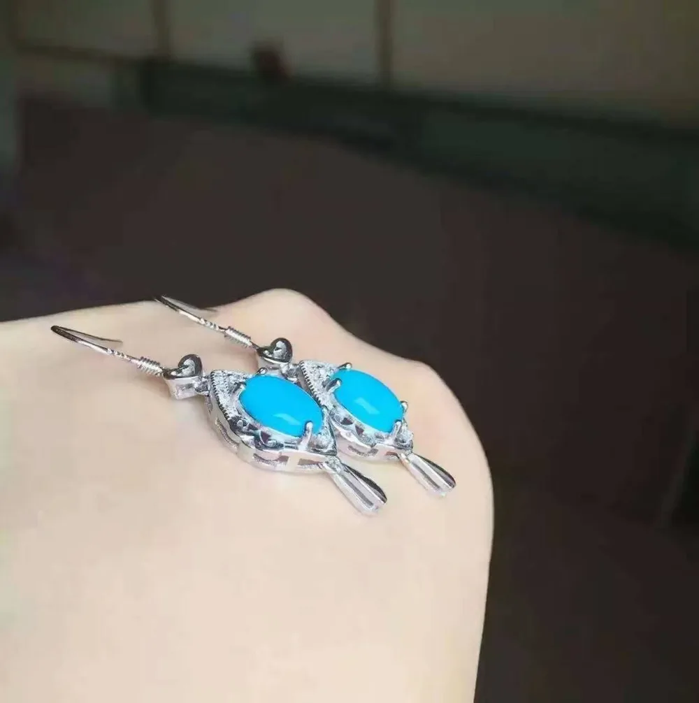 Природные бирюзовый Серьги Серебро 925 природный синий драгоценный камень Модные женские Ретро cour серьги-капли украшения для партии