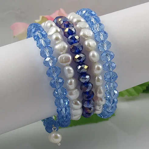

Unique Pearls jewellery Store 5rows Blue Crystal Beads White Freshwater Pearl Wrap Bracelet Perfect Wedding Birthday Women Gift