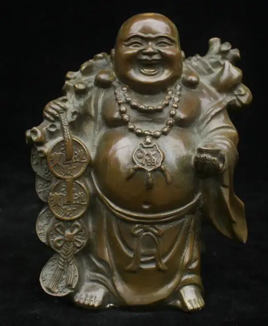 Статуя Будды 17 см китайская династия старая античная Чистая Бронзовая Yuan Bao Maitreya |