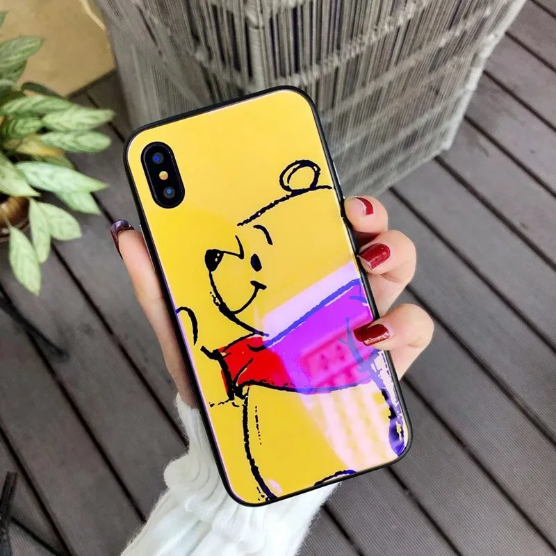 Blue-ray Tempered Glass Phone Case For iPhone XS MAX XR X Pooh Stitch Cute Cartoon TPU Back Cover 7 8 6 6s Plus |