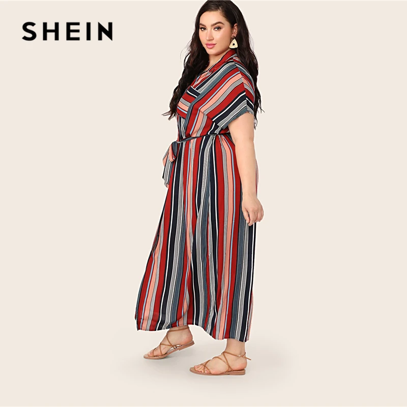 SHEIN, платье-рубашка в полоску с разноцветными карманами и заплатками размера плюс,, женские летние повседневные длинные платья на пуговицах с воротником и разрезом