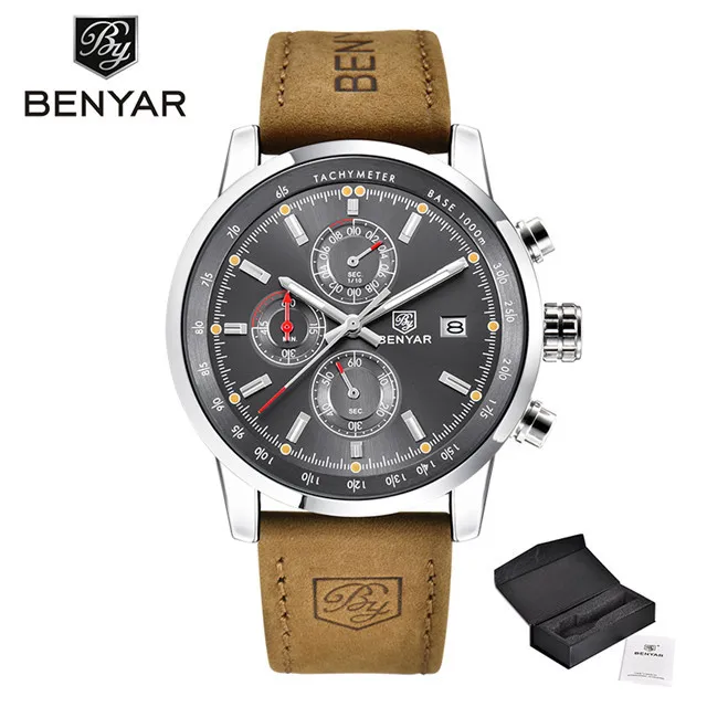 silver gray BENYAR часы мужские Топ бренд Роскошные Кварцевые Бизнес Мужские часы Модные Военные Хронограф Спортивные часы Relogio Masculino - Цвет: silver gray